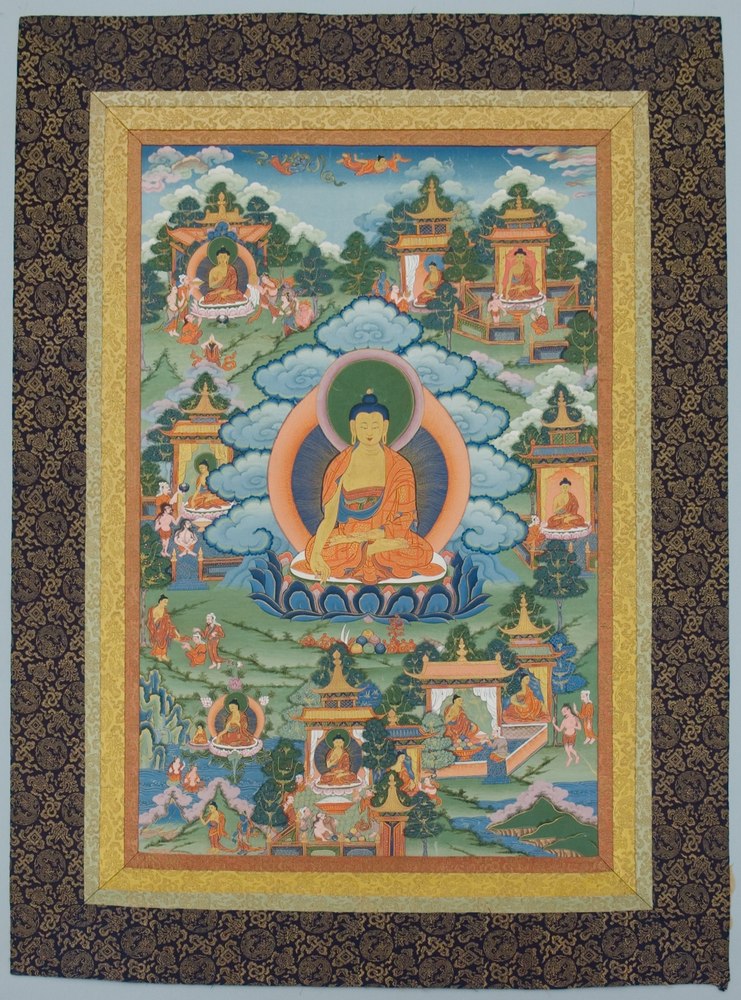 Full Tibetan thangka showing Shakyamuni Buddha at centre surrounded by scenes from his life