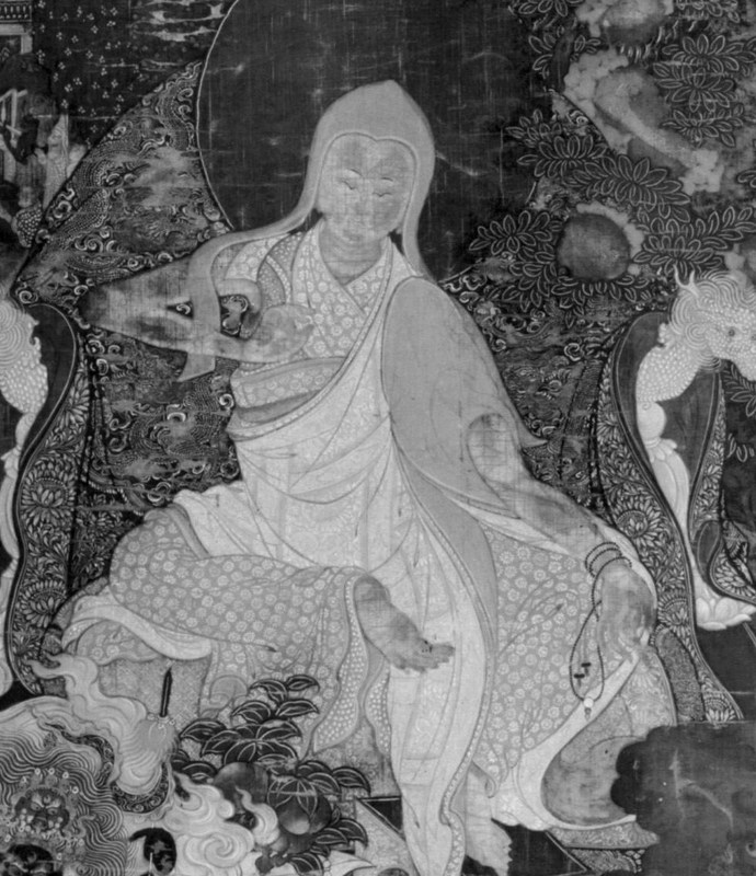 Thangka painting of a seated Tibetan Buddhist teacher in monastic robes